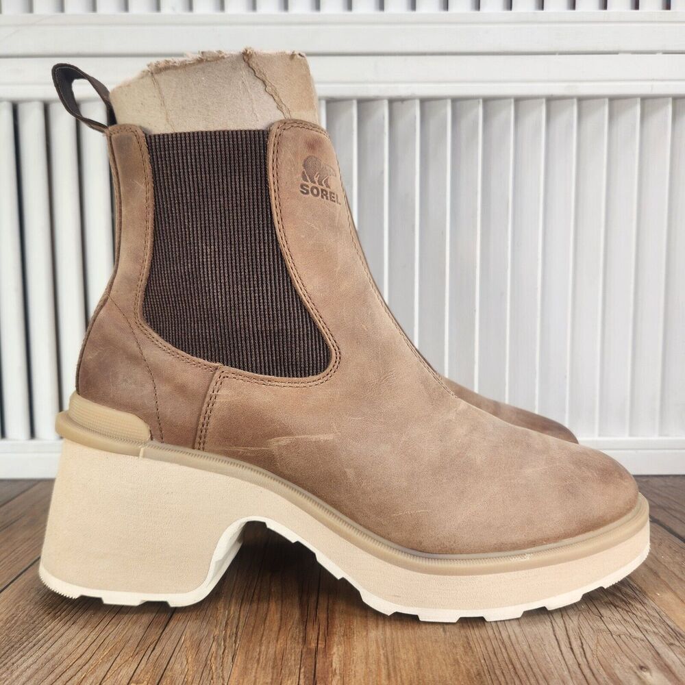 Sorel Hi-Line Heel Chelsea Boots Womens Sz 10 Brown Leather Lug-Sole Ankle Boho